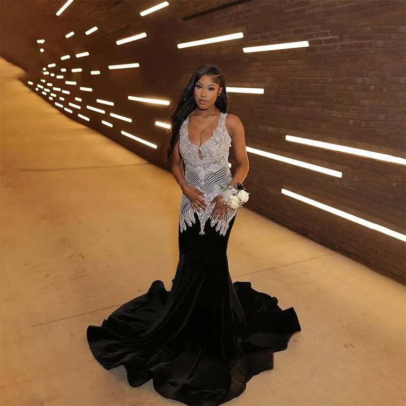 

Sexy Black Mermaid Prom Dress for Black Women Crystal Top Backless Evening Dresses Elegant African Formal Dresses for Women