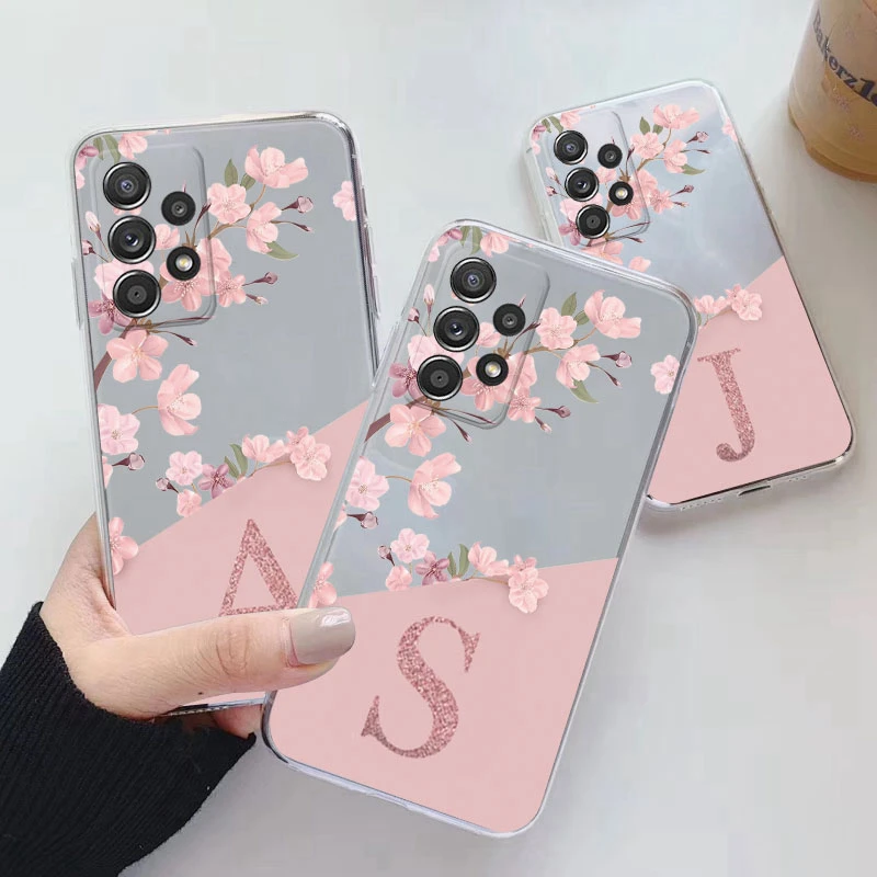 Fashion Pink Flowers Case For Samsung Galaxy A72 Cover Initial Letter Transparent Soft TPU Fundas For Samsung A 72 Coque Floral