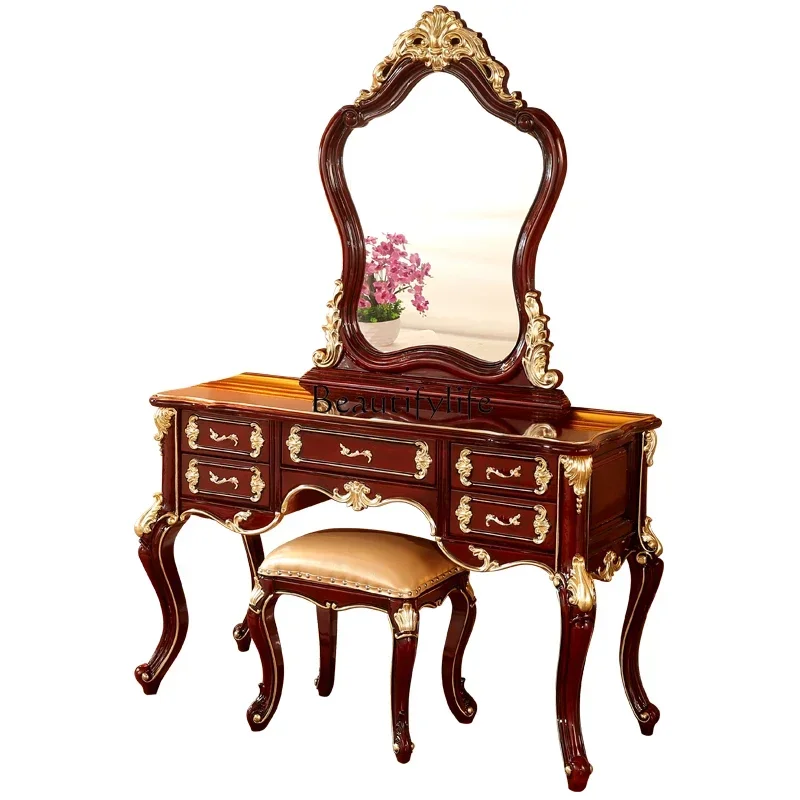 

European dresser, American villa country solid wood bedroom ebony furniture mirror dressing table