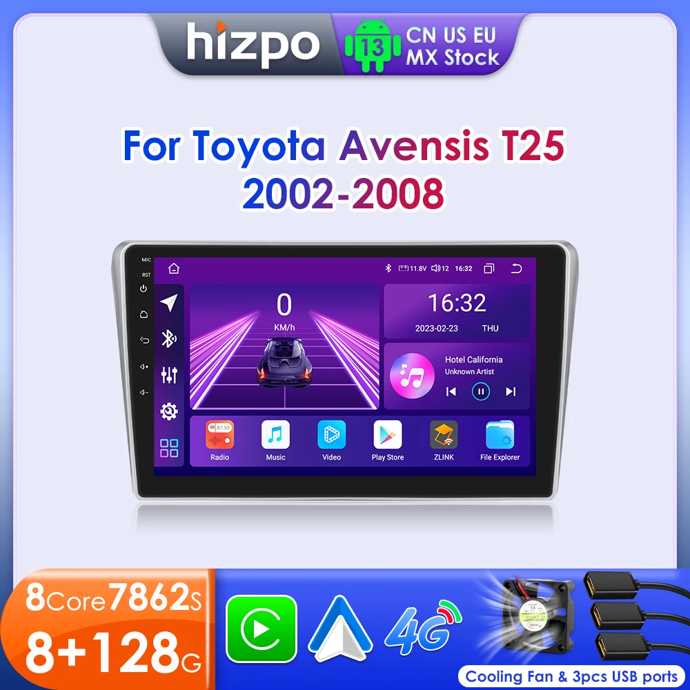 Hizpo AI Voice Android Auto Radio For Toyota Avensis T25 2002-2008 Carplay Car Multimedia Player GPS 2din Autoradio 8 Core 7862