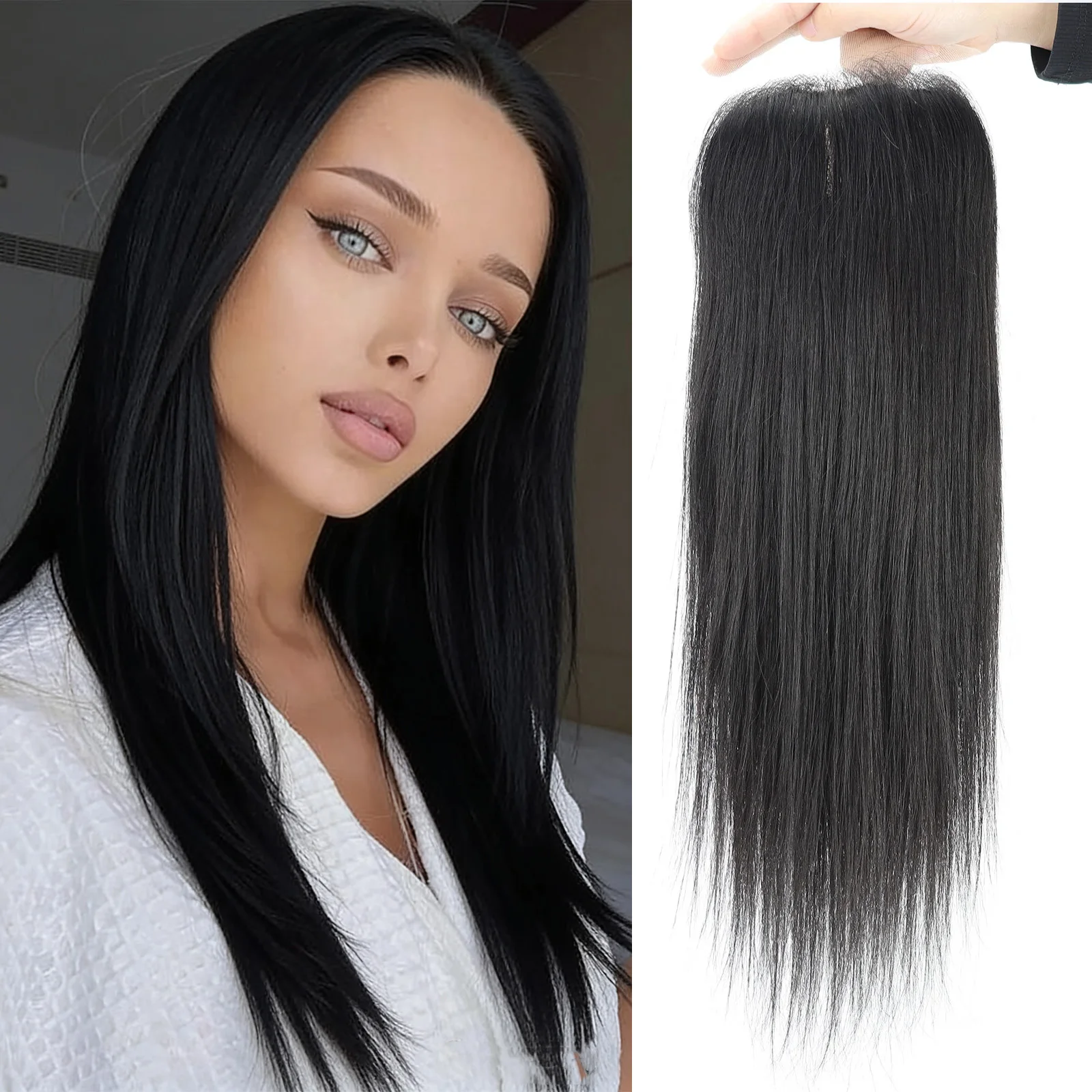 

5x5 дюймов темно-черный шелковистый прямой бразильский топпер с застежкой для волос Remy с натуральной шелковой основой для волос, прозрачное кружево для женщин