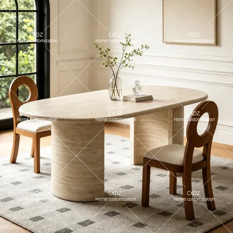 French simple natural marble travertine dining table small apartment home Internet celebrity designer custom long dining