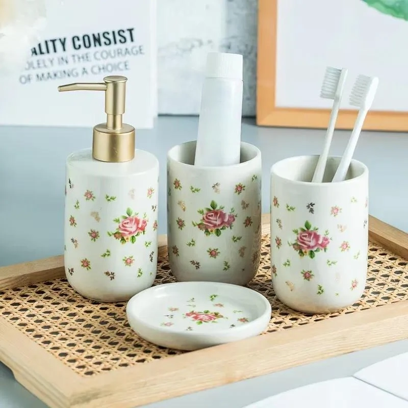 Nordic Light Luxury Marble Ceramic Bathroom Set Simple Toiletries Countertop Ornaments Elegant Bathroom Supplies