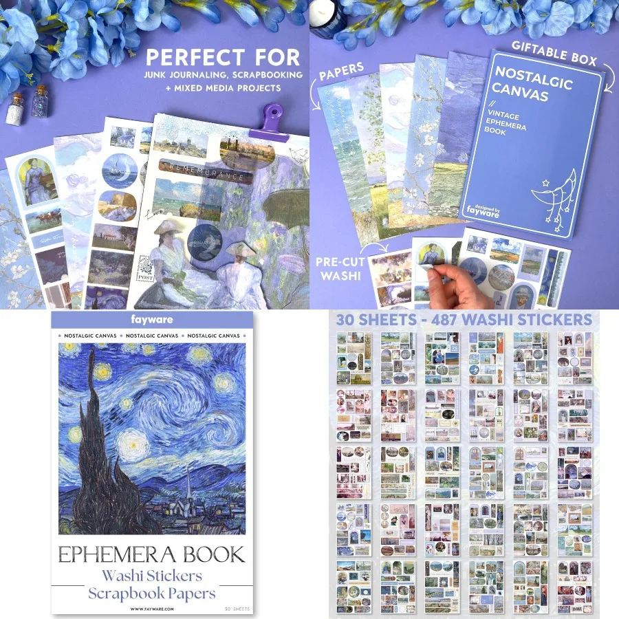 

Vintage Journaling Supplies for Junk Journal Crafting - 487 Handcrafted Scrapbooking Stickers and 20 Artistic Ephemera Papers w