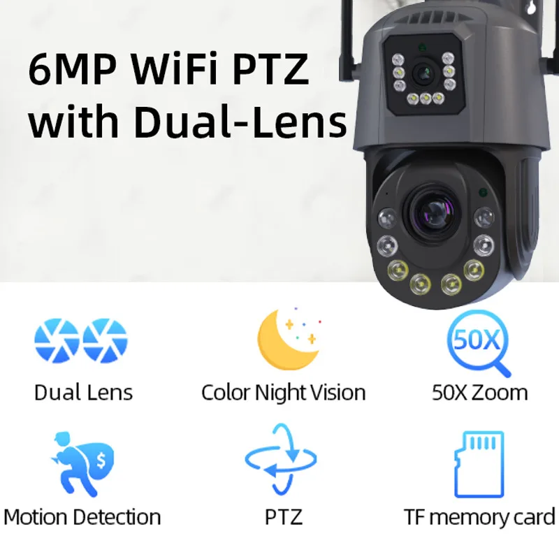 Imagem -03 - Câmera ip Ptz de Lente Dupla Impermeável Proteção de Segurança ao ar Livre Visão Noturna Colorida Monitoramento Cctv 6mp Wifi 50x Zoom 6mp