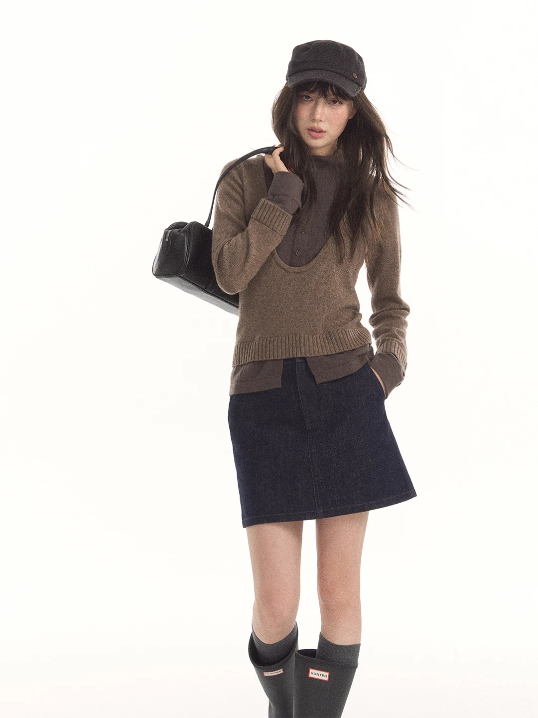 7Shiftin Original Design Simple Retro Original Color Denim  Skirt with Multiple Belt Loops Pure Cotton A-Line Skirt
