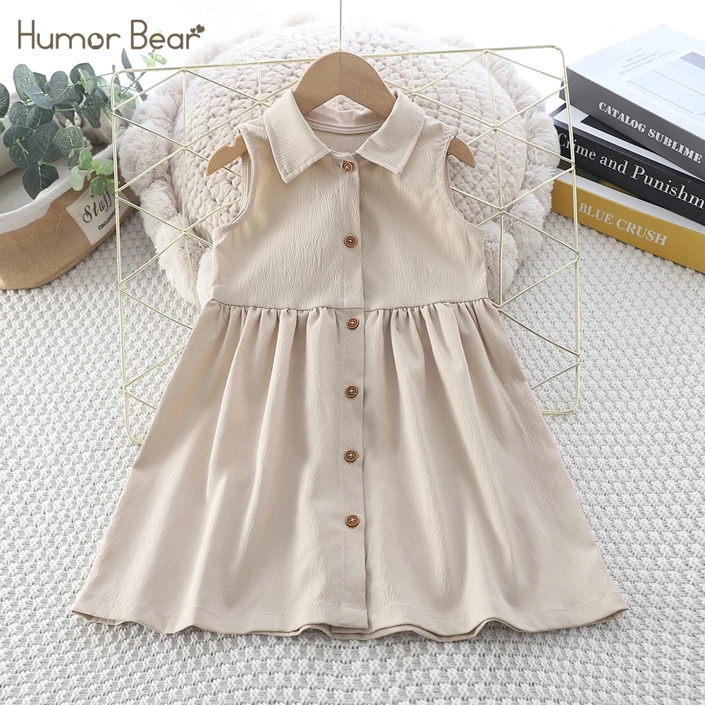 Humor Bear  Girl Casual Dress New Fashion Solid Color Shirt Collar Cardigan Dress Girls Vestidos