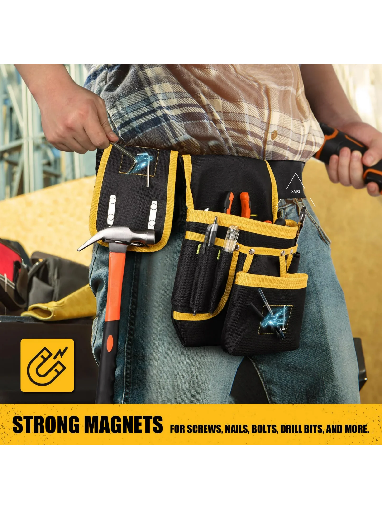 XMSJ Ceinture à outils magnétique pour hommes, sac à outils robuste à 26 poches, support de taille détachable et réglable pour étui pour pistolet magnétique
