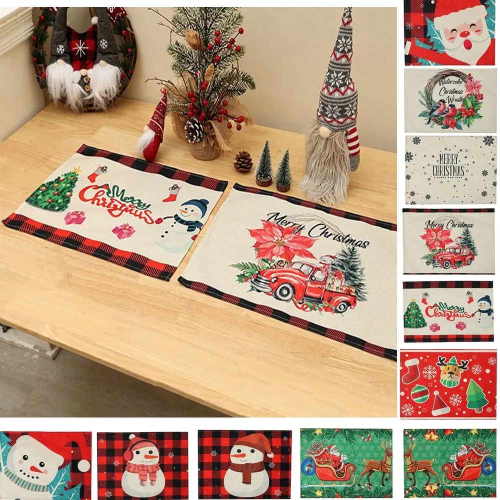 Snowman Santa Claus Christmas Placemat Snowflake Red Black Plaid Deer Snowman Placemats Heat-Resistant Decorative