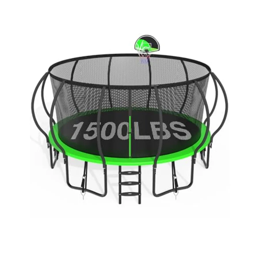 

Backyard recreational jumper for kids and adults: 1500LBS capacity no-gap design 8-16 FT sizes enclosure net wind stakes basket