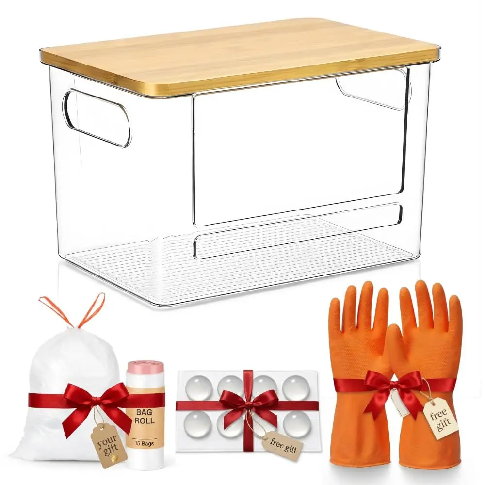 

Stackable Trash Bag Holder with Front Access, Large Organizer, 15 Gallon Bags, Reusable Gloves, Anti-Slip Pads
