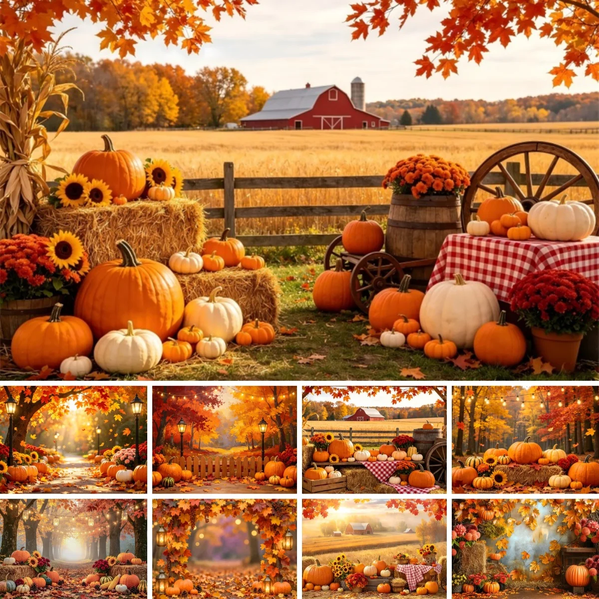 Herbstlicher Ahornwald-Fotohintergrund, Herbst-Ernte, Kürbis, Sonnenblume, für Erwachsene und Kinder, Thanksgiving-Party-Dekoration, Fotohintergrund