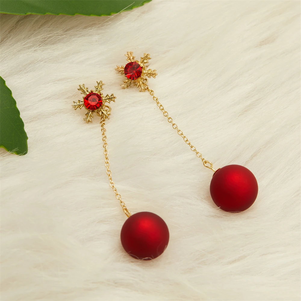 Vintage Red Pearl Long Tassel Christmas Earrings For Women Korean Fashion Shiny Crystal Snowflake Dangle Earrings Jewelry Gifts