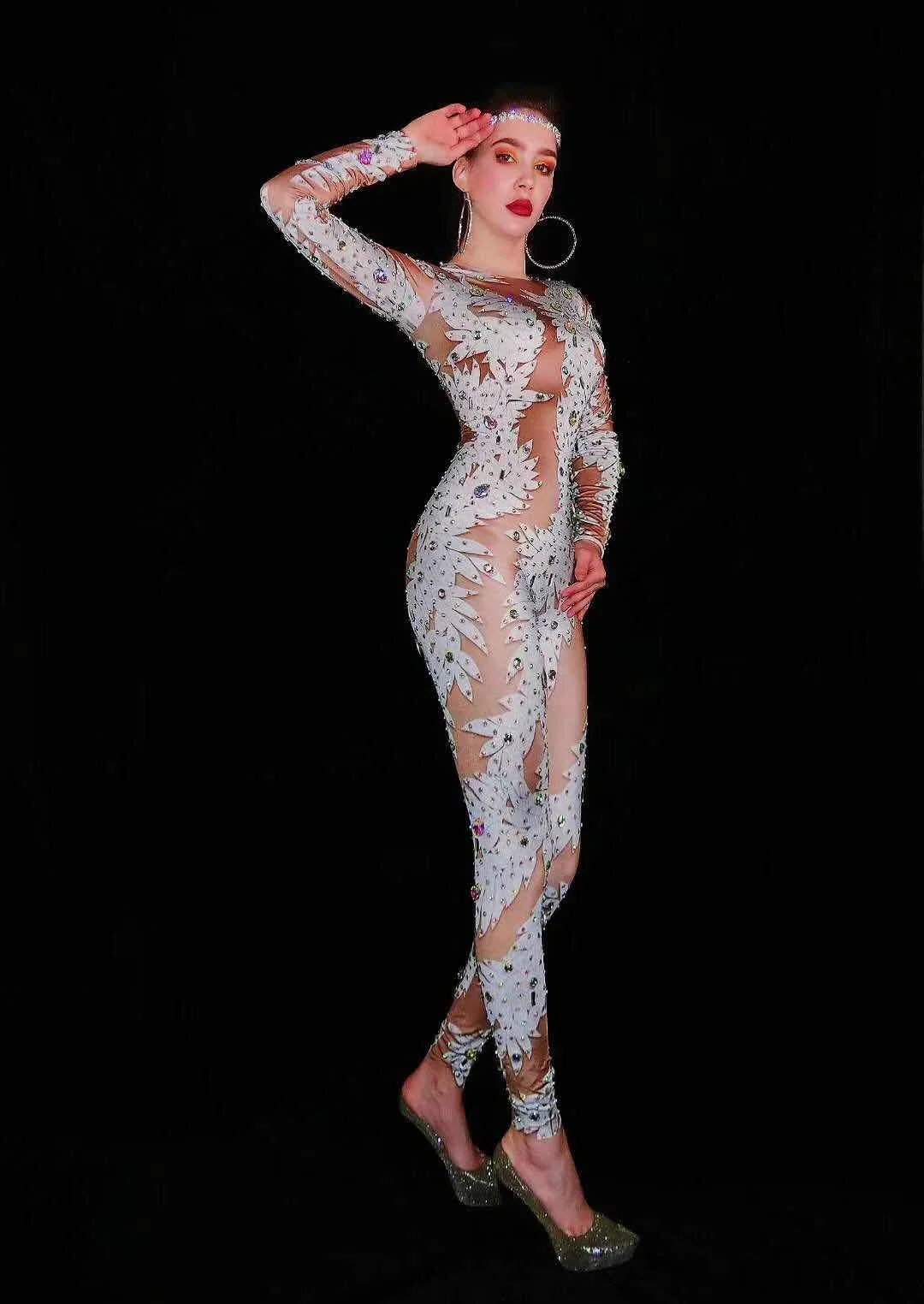 New Fashion Shiny Rhinestones Jumpsuit Leggings Stretch Sexy Costume Women Nightclub Party Wear Dance Bodysuit Fashion Rompers