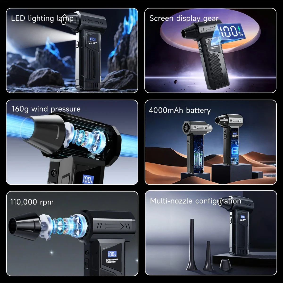 Turbo Jet Blower Kipas Turbo Daya Tinggi Kecepatan Angin 52m/s 4000mAh Peniup Angin Kuat Lampu LED Layar Digital Portabel Penggunaan Luar Ruangan