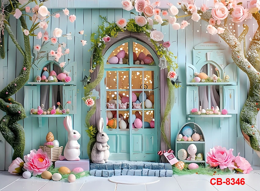 Easter Photography Background Party Decoration Spring Flowers Green Grass Wooden Door Rabbit Bunny Eggs Baby Portrait Photo Prop