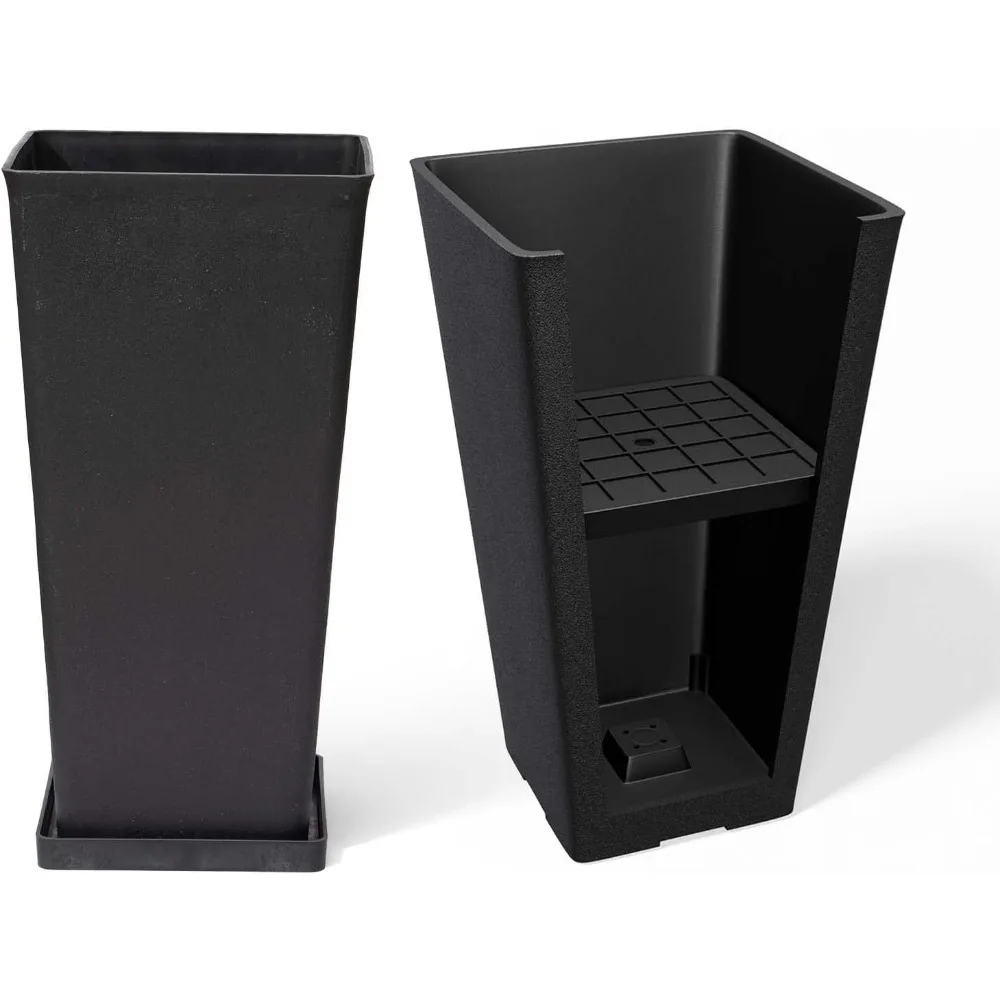 20 Inch Tall Black Planters, Rectangular Outdoor Planters Set of 2, Tapered Planters with Shelf Insert for Front Door