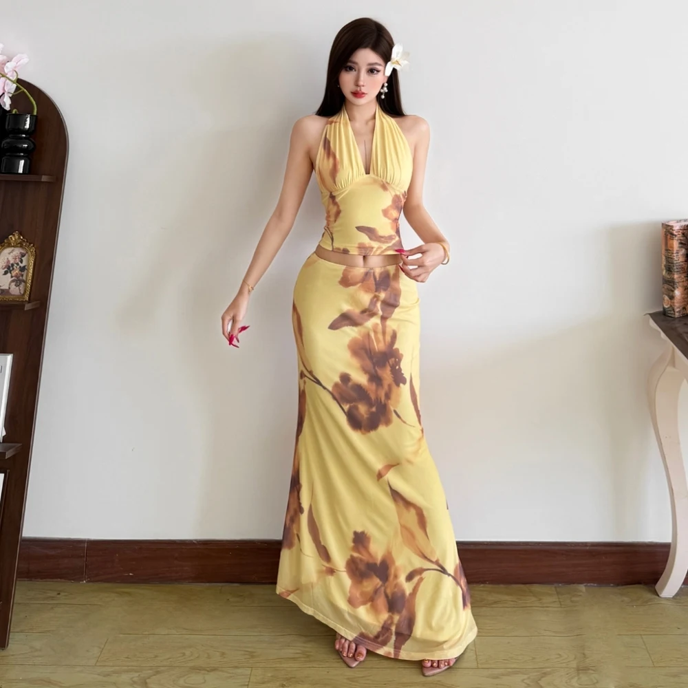 Kliou Flower Print 2 Piece Set Woman Summer Trend Halter Low-Neck Backless Crop Tops+Long Skirts Holiday Elegant Style Outfits - Image 3