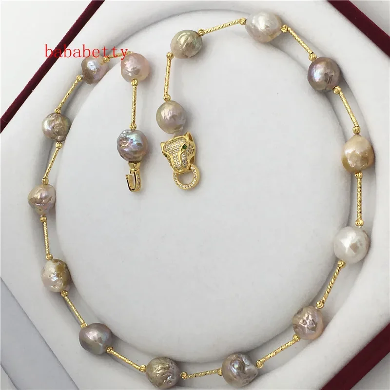 

New Natural Freshwater Culture Multicolor Edison Nucleus Irregular Pearl Necklace Leopard Head clasp