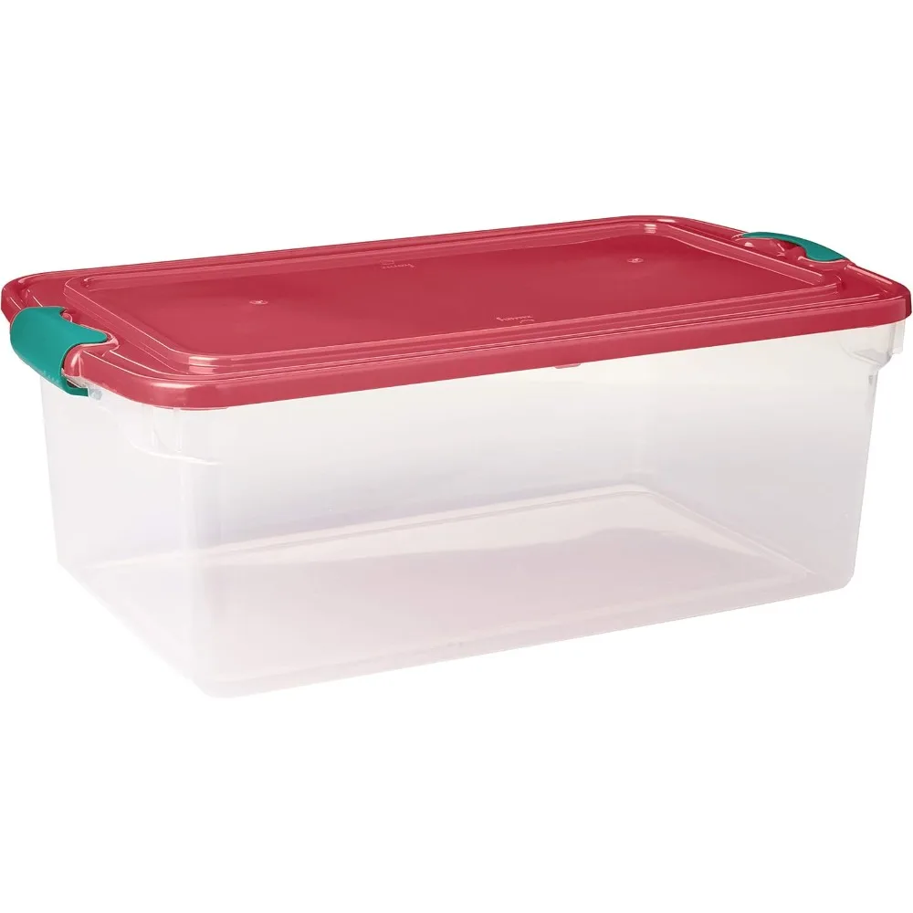 

Storage Box Holiday Clear Stackable Plastic Storage Bin Container with Red Tight Latching Lid and Green Handles Storage Box