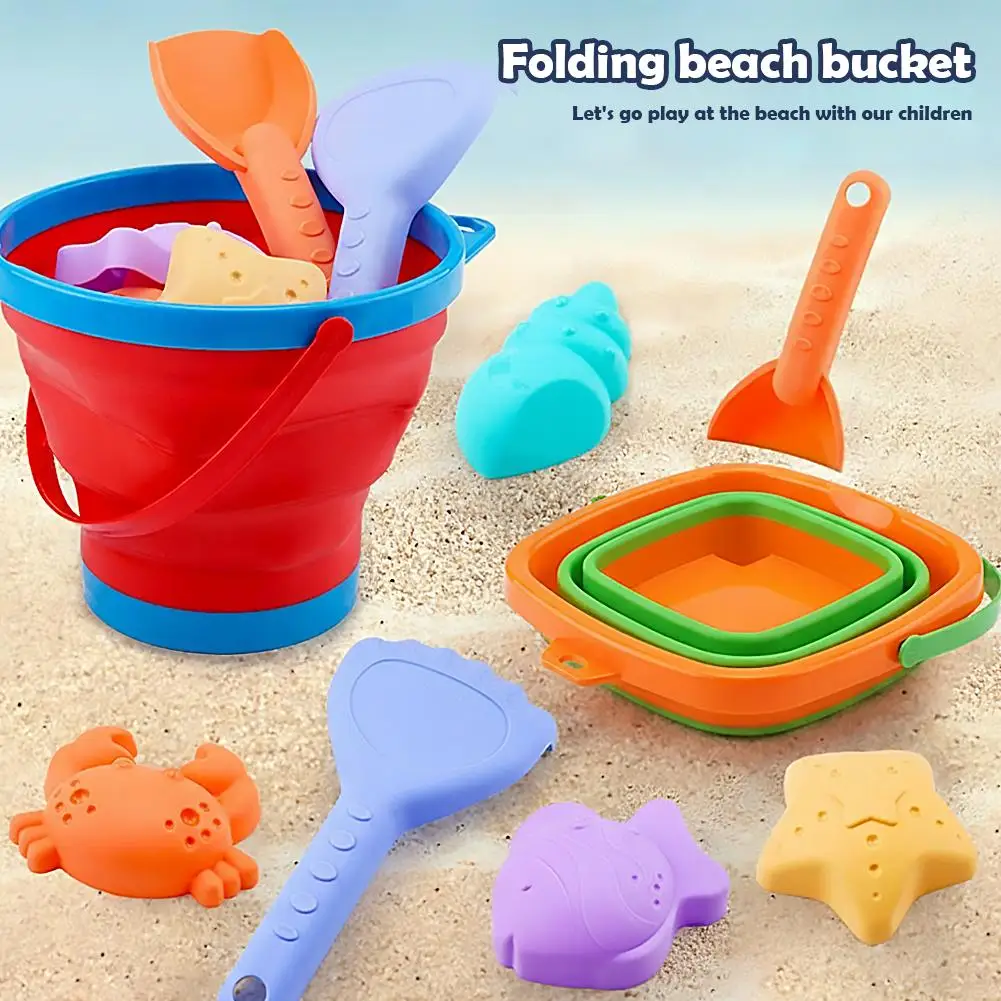 Foldable Beach Sand Toys Set Collapsible Bucket with Shovel & Molds for Sand, Snow & Water Play Portable Beach Toys for Toddlers