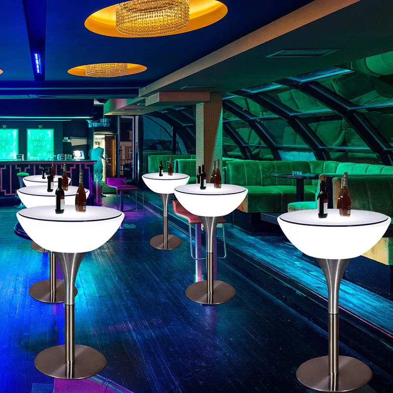 

Luminous high footed table, bar, table and chair, clean bar, nightclub, outdoor balcony, event, exhibition, gathering,