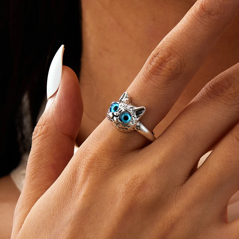 Cute Colorful Cat Eye Open Ring for Women Couple Silver Color Metal Adjustable Animal Jewelry Wedding Party Travel Finger Gift image 3
