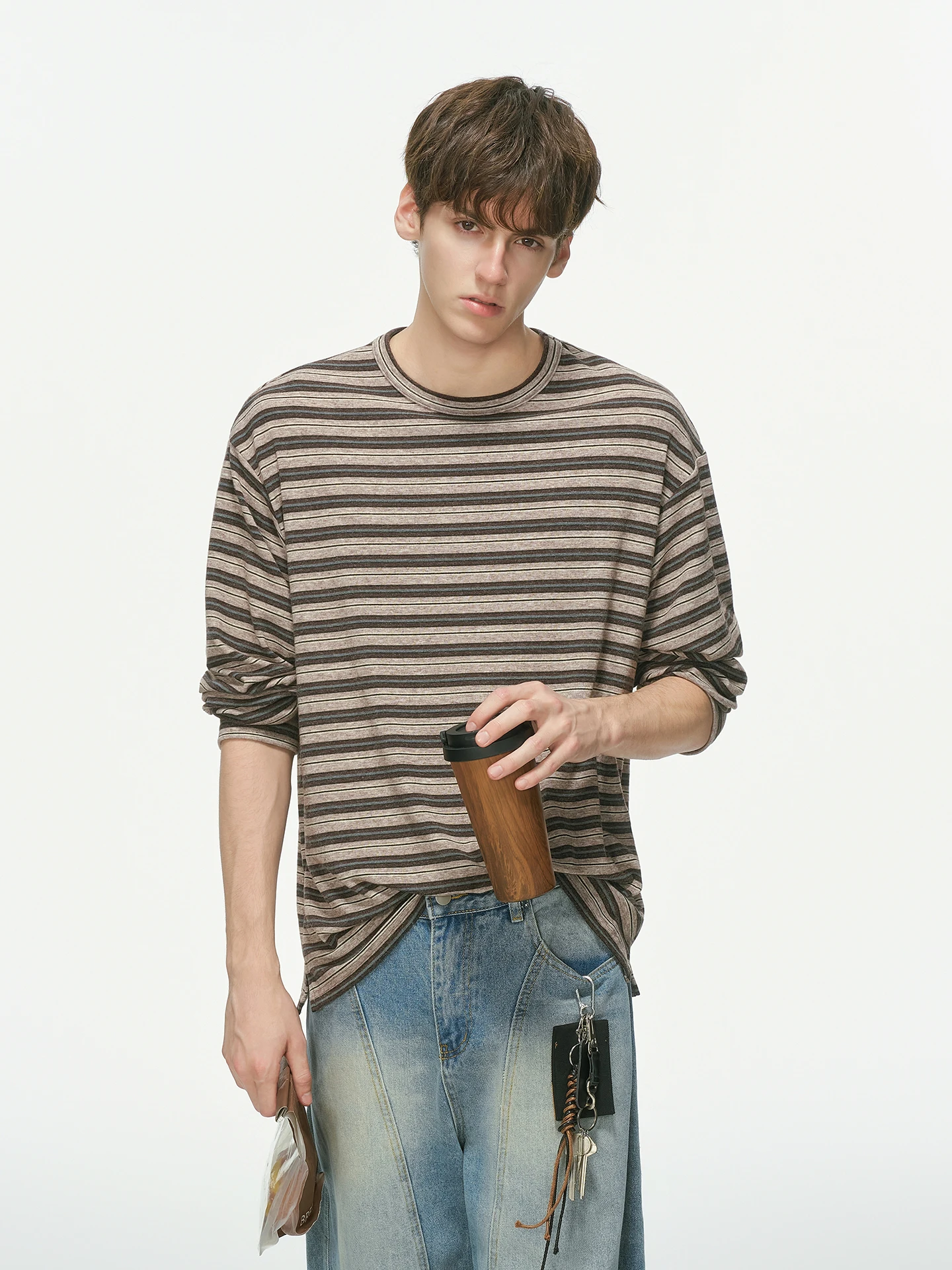 Dream Made Men's Striped Long Sleeve round Neck T-Shirt Inner Wear Base Shirt Top for Autumn Commute Casual Loose Fit Polyest...