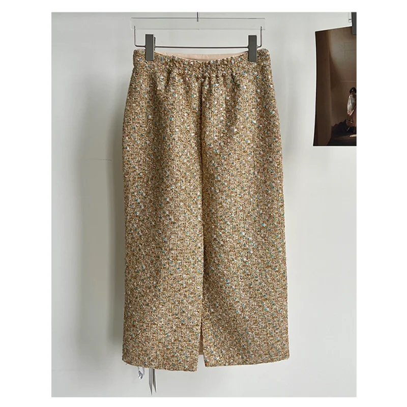 Women 2024 New Light Gold French Small Fragrance Vintage Tweed Elastic Waist Slim French Office Elegant Split Long Skirt