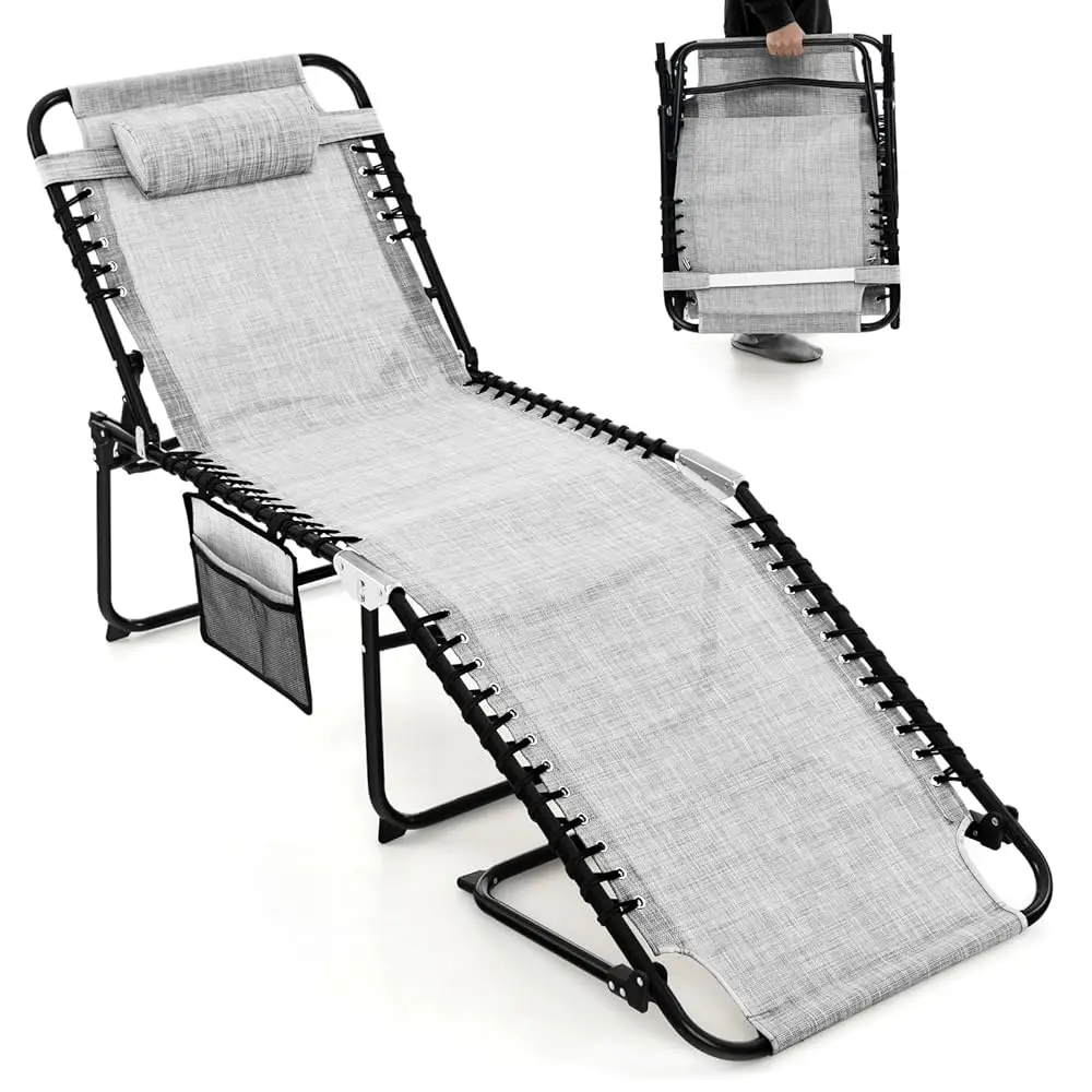 

Folding Chaise Lounge Chair, Foldable Pool Lounger With 4-Position Adjustable Backrest, 2-Position Footrest, Side Pocket & Soft