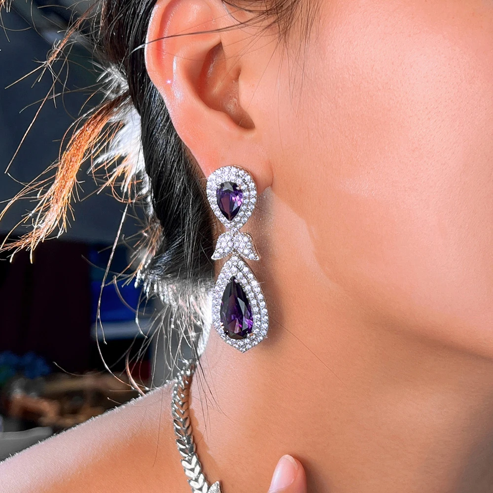 

CWWZircons Luxury Shiny Purple Cubic Zirconia Bridal Big Water Drop Long Dangle Earrings for Women Wedding Party Jewellery E1166