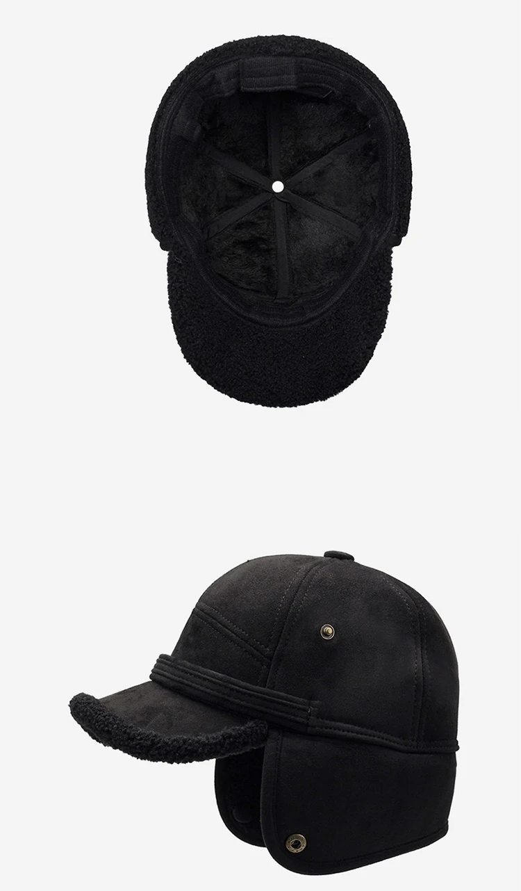 FS Vintage Black Brown Winter Baseball Cap For Men Thick Plush Bomber Hats Outdoor Windproof Women Earflap Hat Bone Masculino