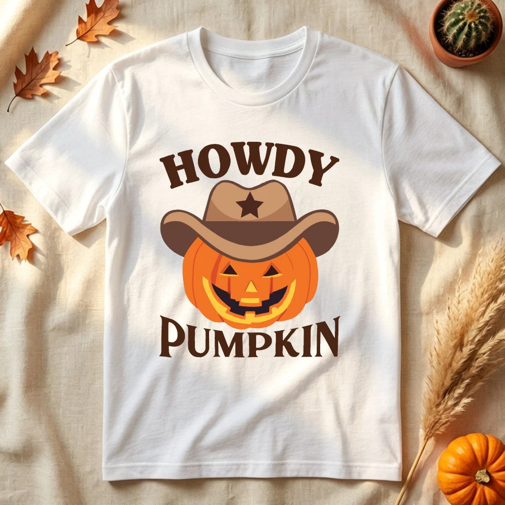 Howdy Pumpkin T-Shirt Cowboy Hat Jack O Lantern Graphic Tee Women Cotton Short Sleeve Western Halloween Fall Season Tee