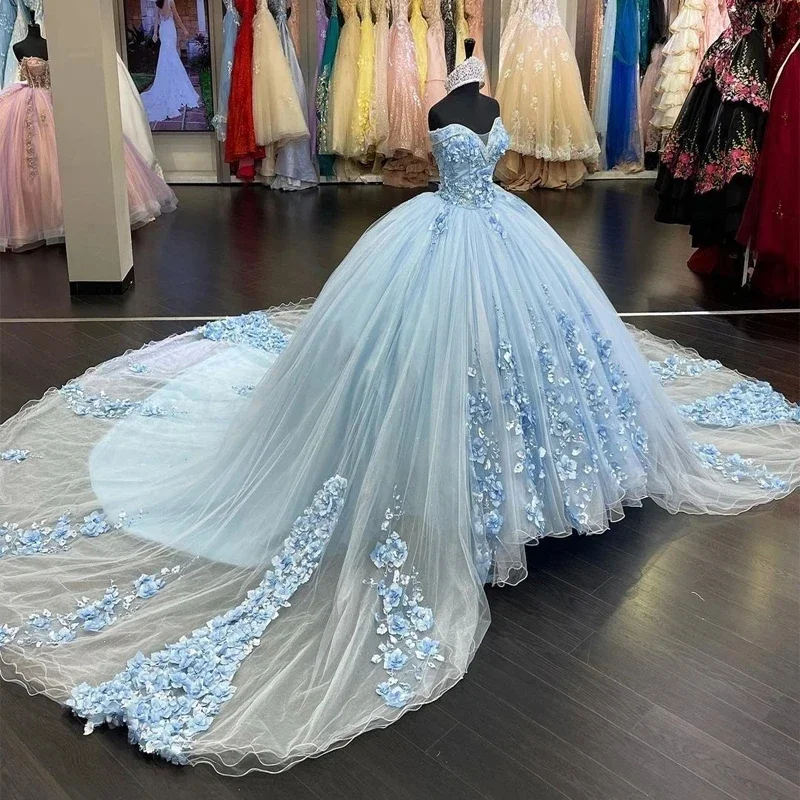 Vestido de quinceañera azul cielo con capa fuera del hombro, apliques de flores 3D, vestidos de fiesta de cumpleaños de princesa, dulce 16