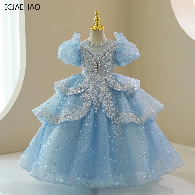 2025 Baby Girl Princess Dress Sequin Party Dresses for Children Puff Sleeves Clothing Classy Flower Girls Costumes Weddings