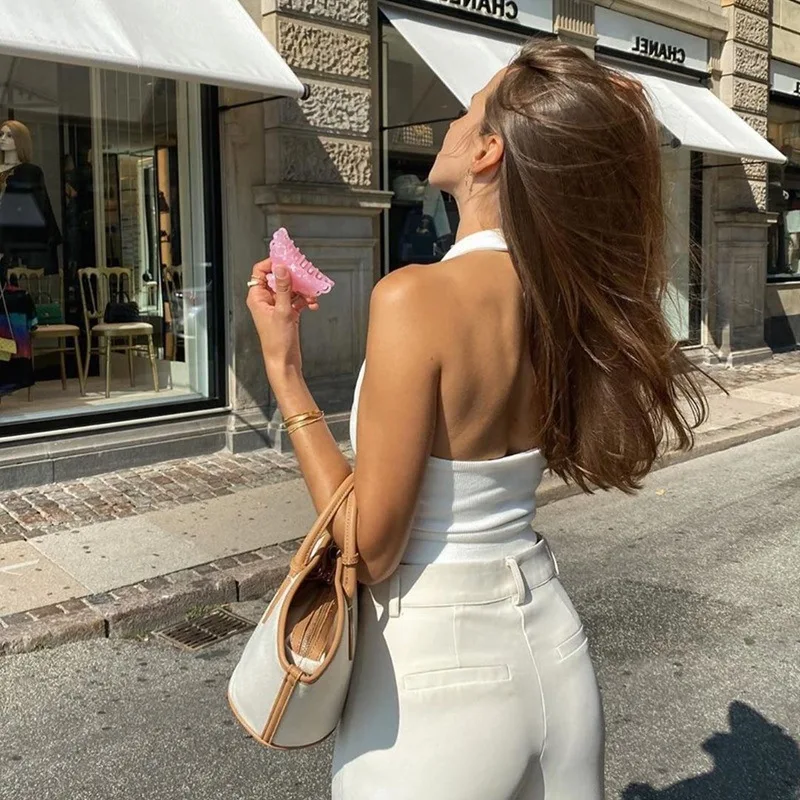 Women's Ribbed Halter Neck Crop Tank Top Sleeveless U-Neck Backless Slim Fit Solid White Knit Cami Summer Casual Basic Y2K