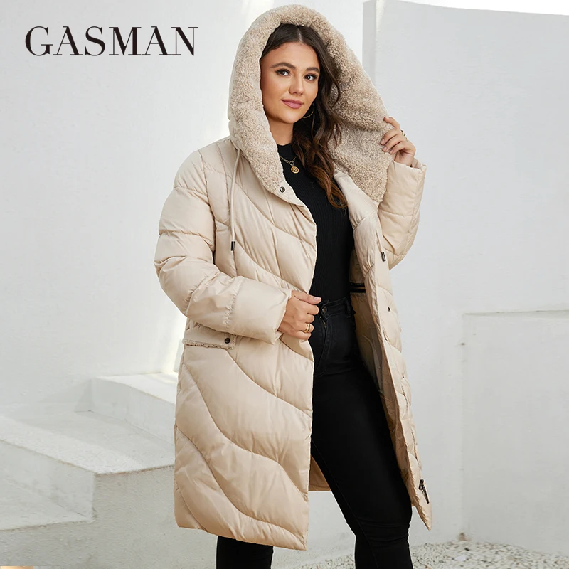 GASMAN Women\'s Winter Down Jacket Long Classic Design Zipper Pocket Women Solid Color Coat Leisure Plus Size Parkas LD-22758