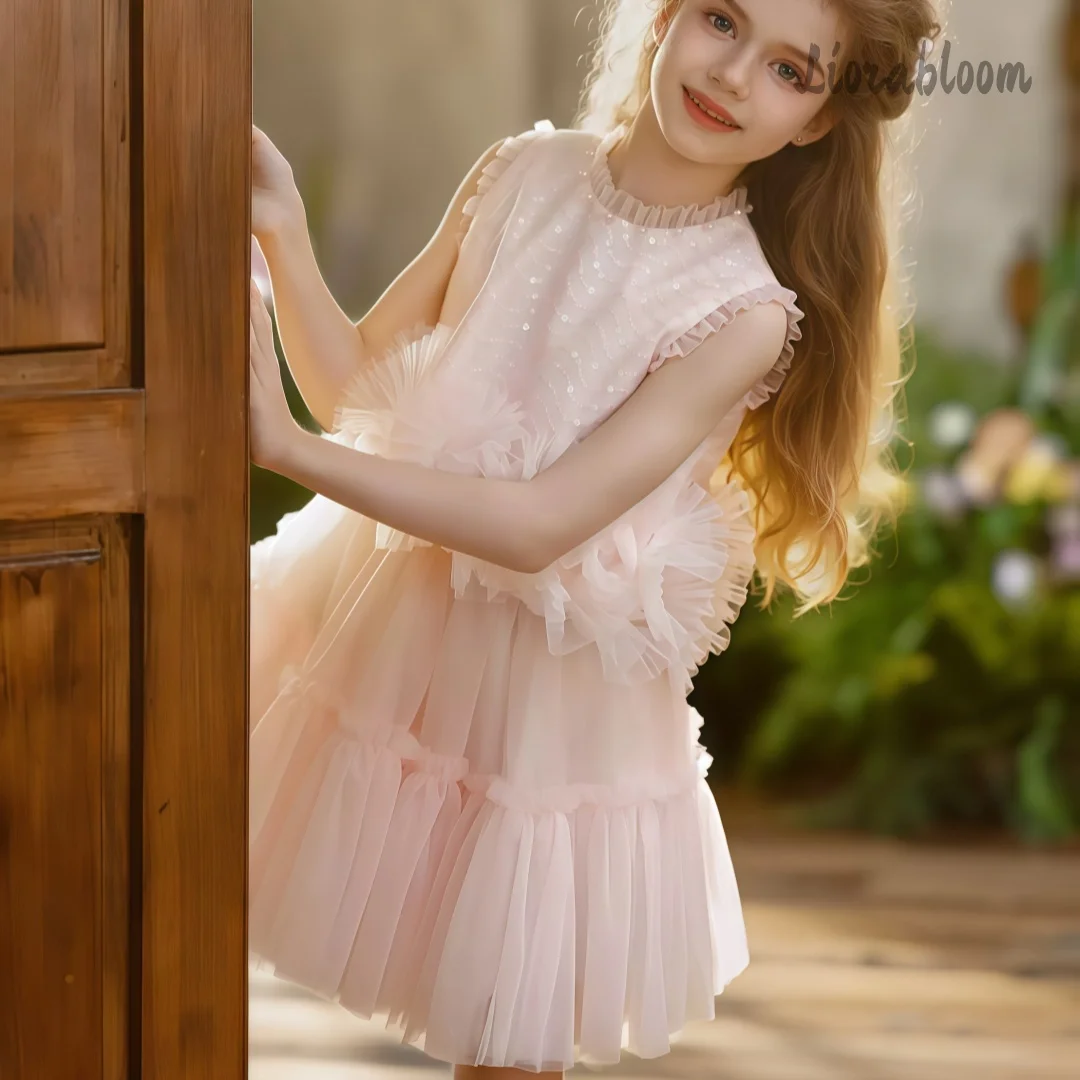 Abito da damigella d'onore personalizzato in tulle rosa a due pezzi per bambina, abito da festa nuziale da donna