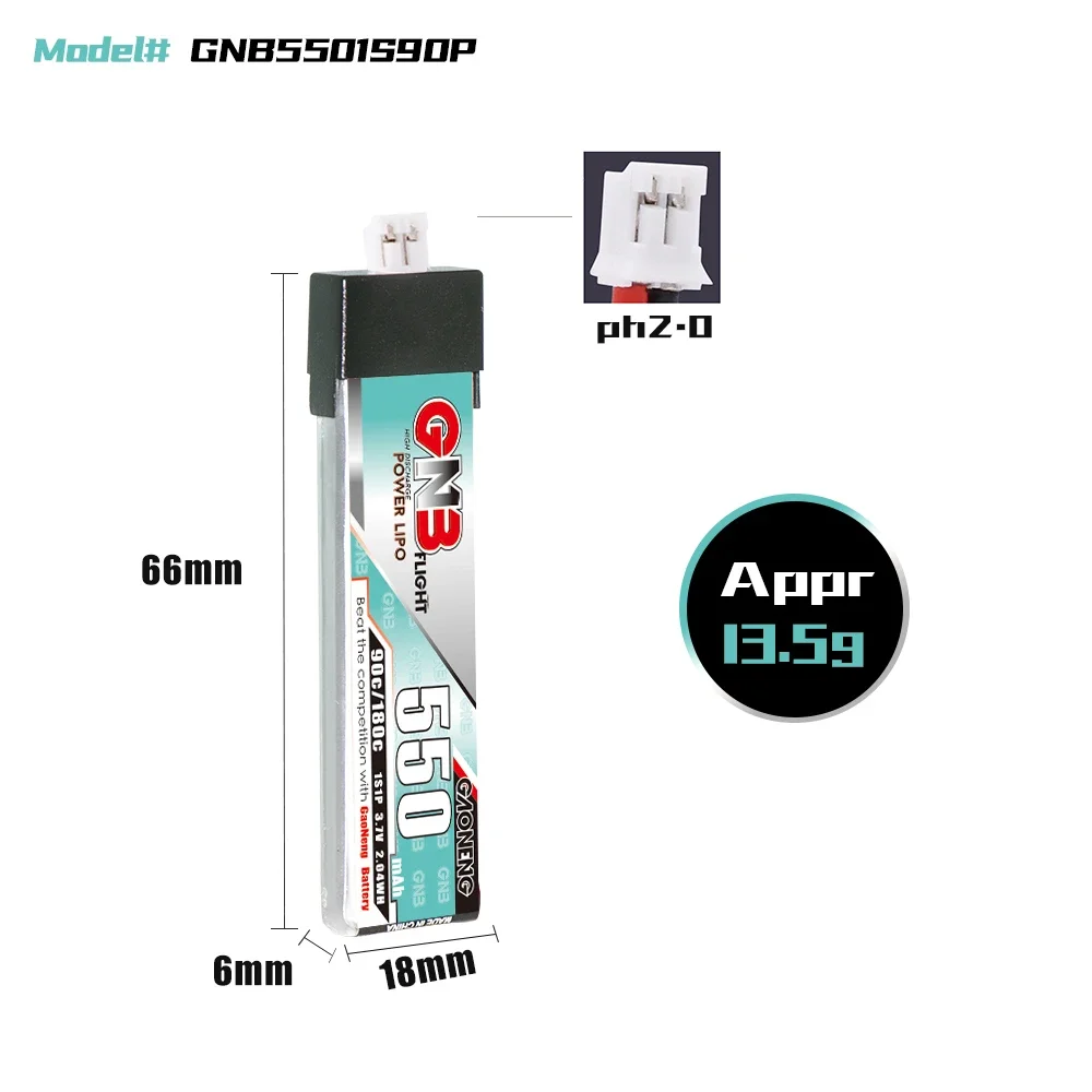 GAONENG GNB 550mAh 1S 90C 180C 3.7V Plastic Head PH2.0 LiPo Battery BetaFPV Beta75X Happymodel Mobula6 Mobula7 Snapper