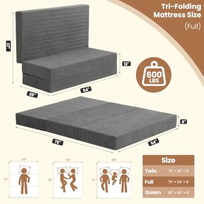 6-inch tri-fold full-size mattress with premium memory foam core medium firmness plush top surface removable quilted fabric cove