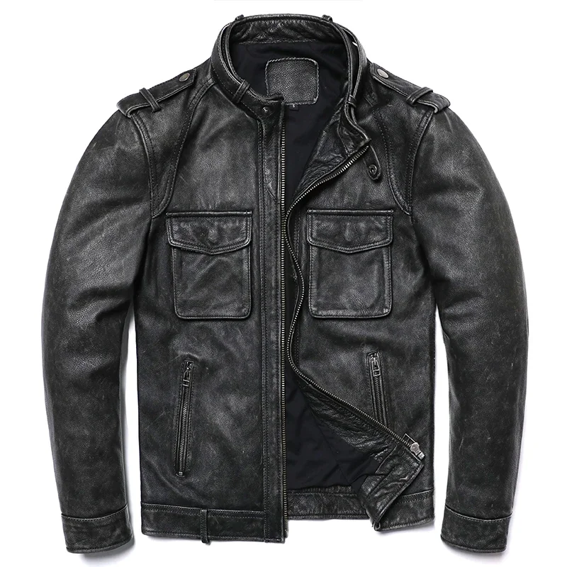 2025 New Grey Vintage Genuine Leather Jacket Men's Natural Cowhide Motorcycle Biker Slim Fit Coat Fashion Man Clothing Coats