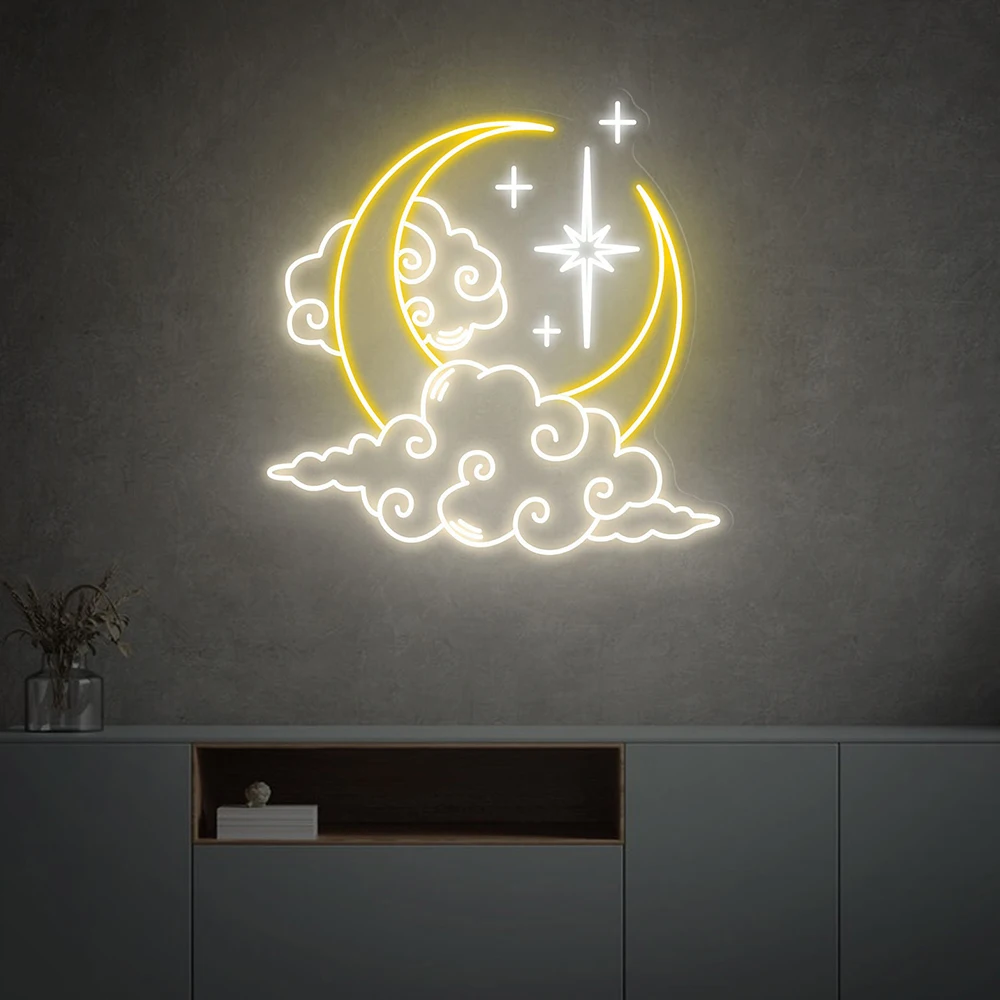 Moon Cloud Star Neon Sign Custom Handmade Art Neon Light White Vibes for Living Room Wall Decor Personalized LED Neon Lights