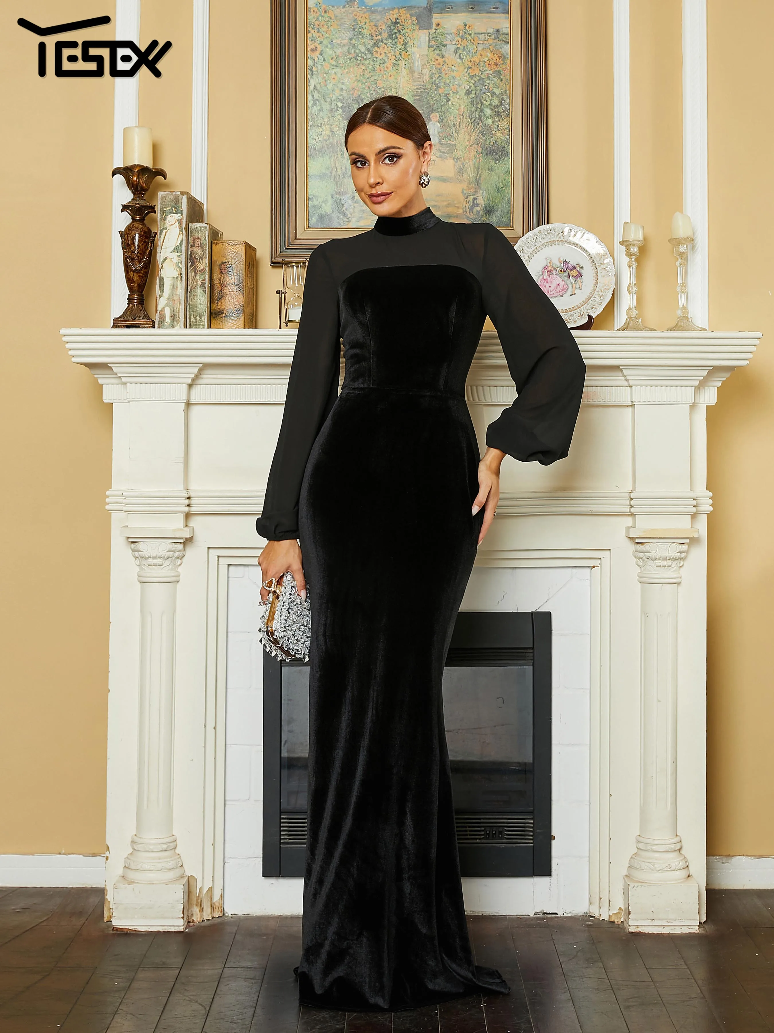 

Yesexy 2024 New Lantern Sleeve Paneled Velvet Black Prom Party Cocktail Evening Formal Occasion Dresses