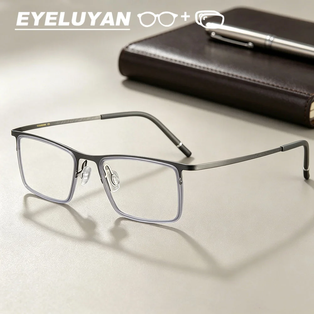 EYELUYAN Lunettes de vue carrées sans vis en titane pur pour hommes, de qualité supérieure, anti-reflet, pour myopie et verres progressifs.