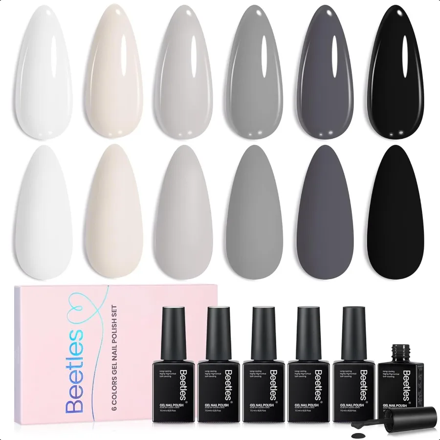

Beetles Gray Gel Polish Set 6 Colors White Black Nude Neutral Gray Milky Gel Nail Polish Kit Soak off Uv Led Lamp Needed Manicu