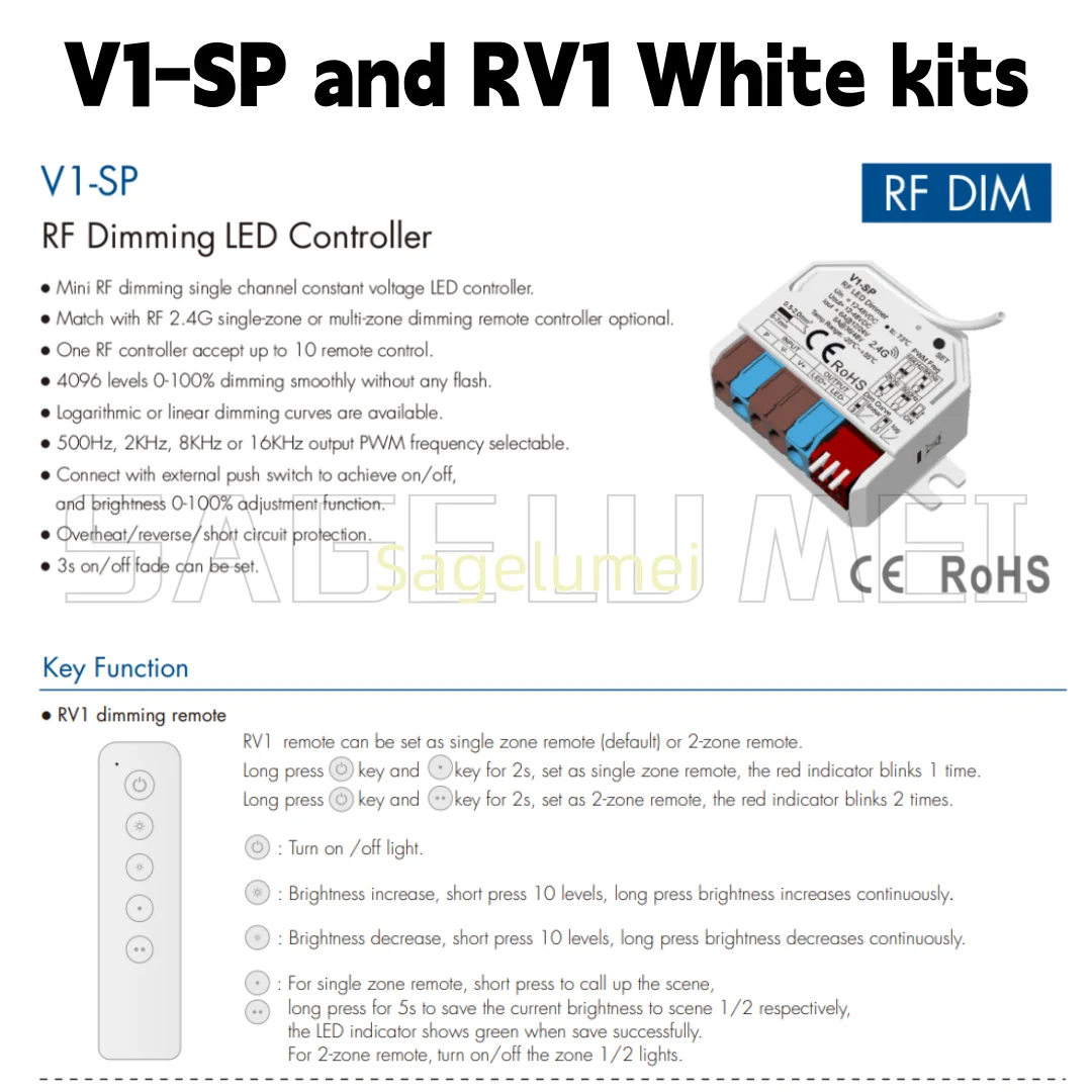 

DC12-48V 1CH * 6A V1-SP Skydance RF Диммирующий светодиодный контроллер Мини светодиодный диммер Функция затемнения 3s Режим выцветания RF 2,4G Пульт дистанционного управления