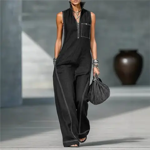 Jumpsuit Women Elegant Stand Collar Zipper Pocket Sleeveless Vest Jumpsuit Women's Summer Casual Cotton And Linen Daily Jumpsuit