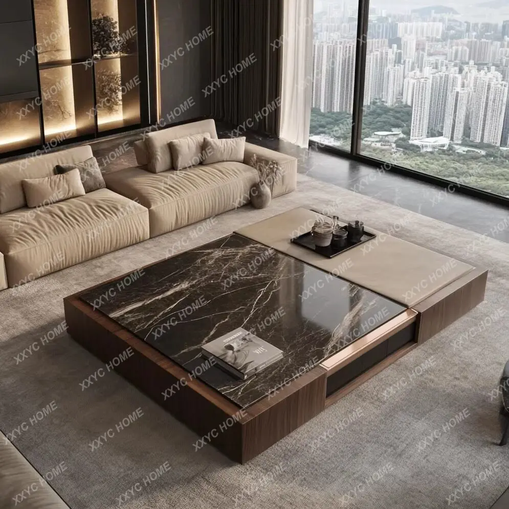 Light luxury marble luxury stone coffee table high-end atmosphere luxury villa living room retro atmosphere long coffee table