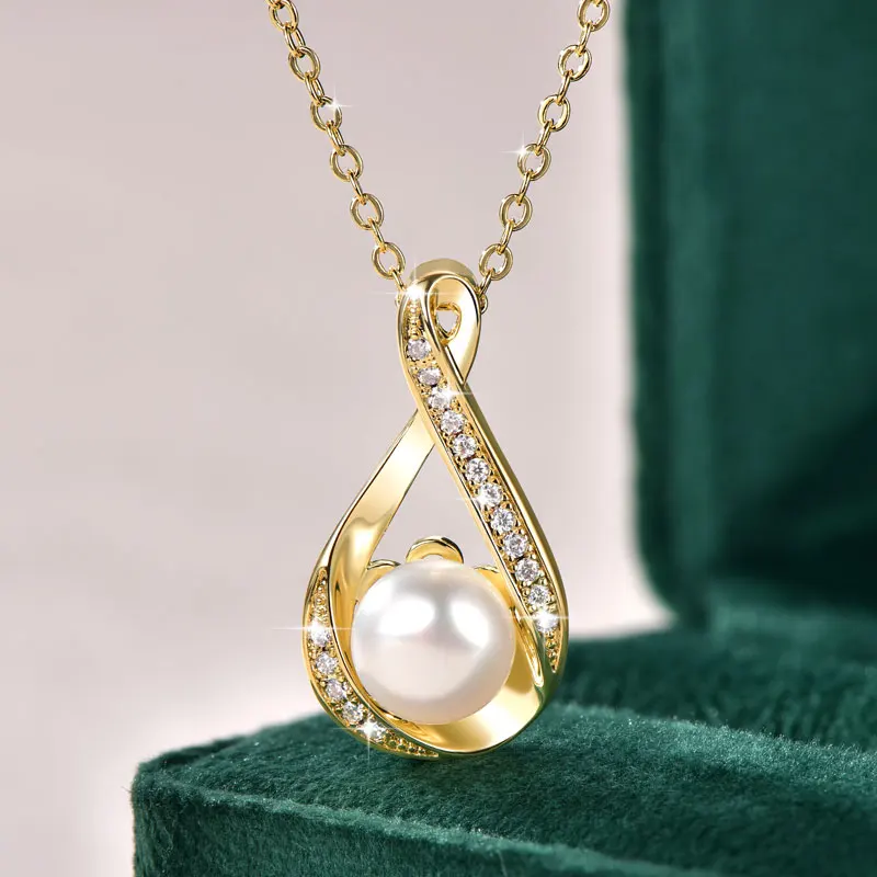 OXTAO Moissanite Pearl Necklace& Earring Jewelry Set for Women 14K Gold Filled Infinity Drop Necklaces Wedding Jewelry Gift