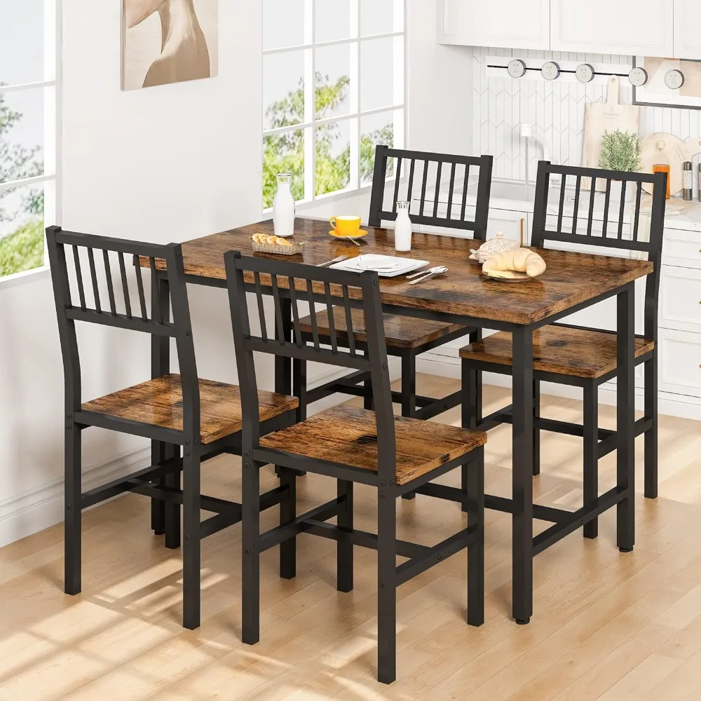 

Industrial Dining Table and Chairs Set, 4 Metal Frame with Wood Top, Rustic Brown Small Space, Free Shipping